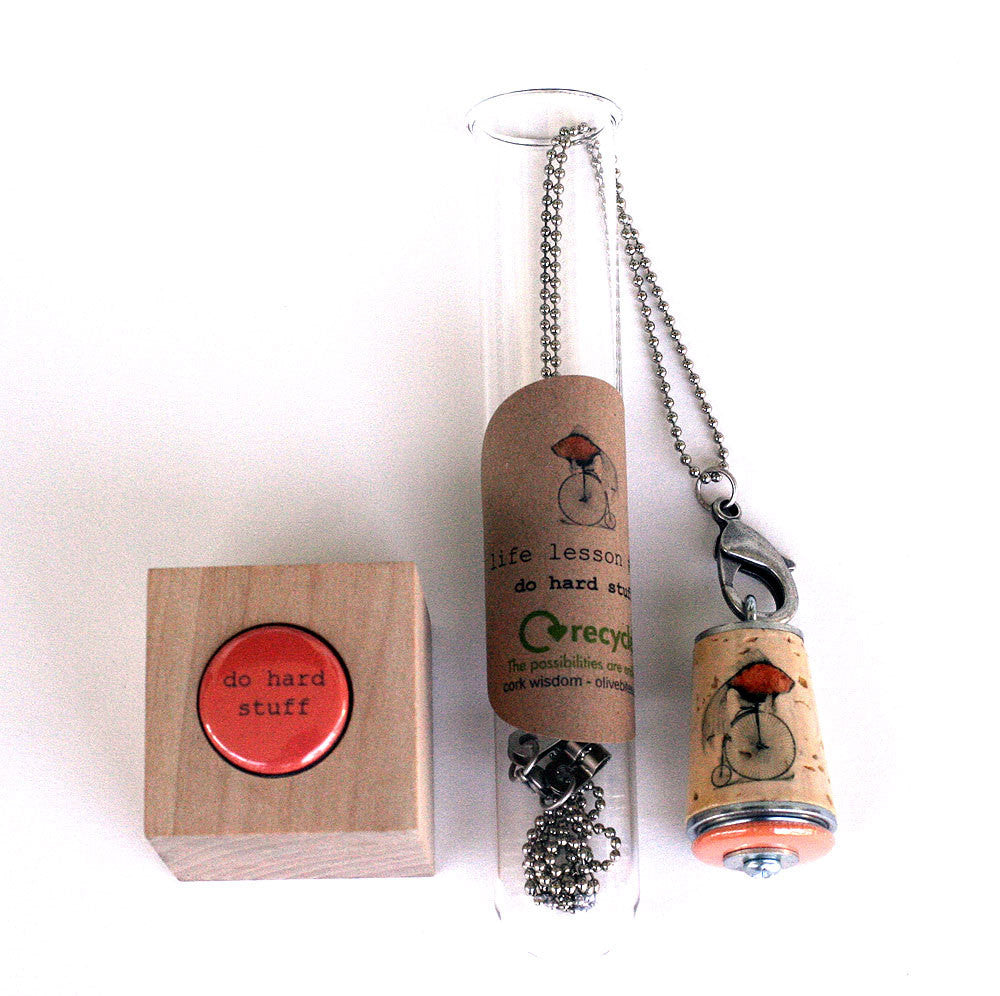 Fish on Bicycle Inspiration Necklace | Cork in Test Tube and Wood Cube