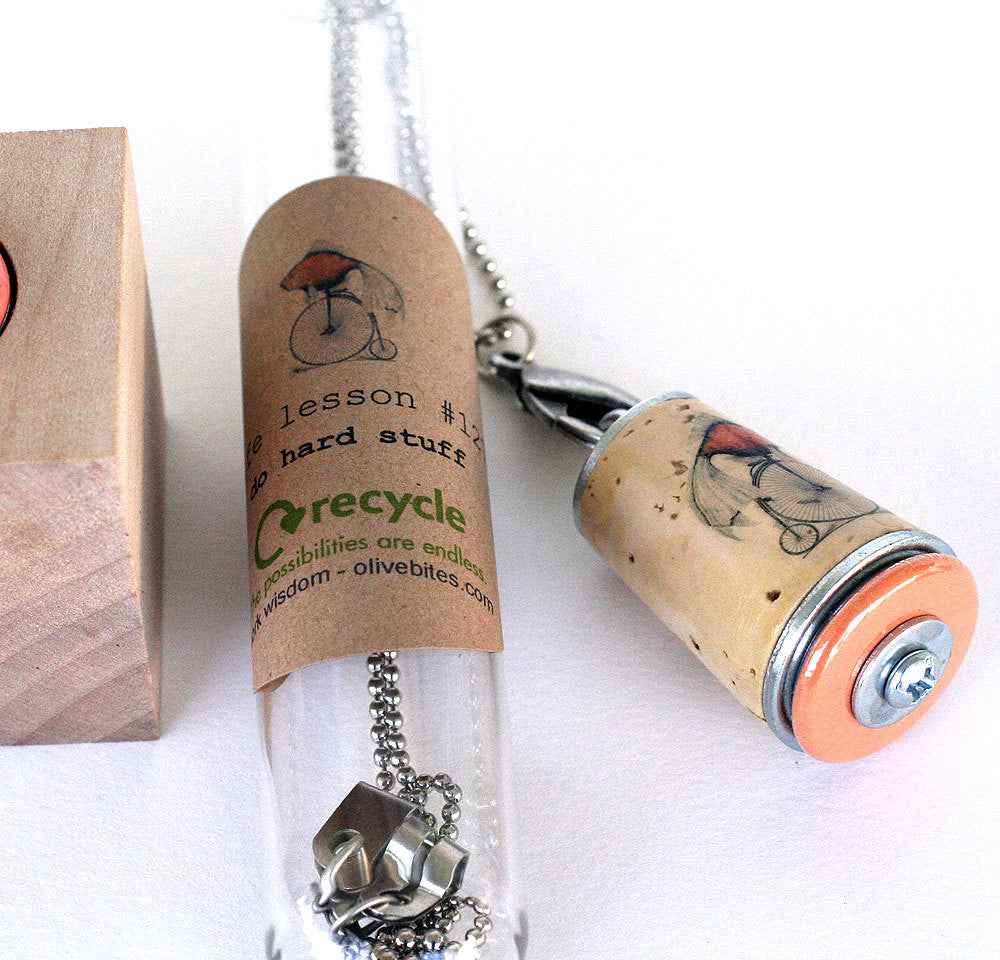 Fish on Bicycle Inspiration Necklace | Cork in Test Tube and Wood Cube