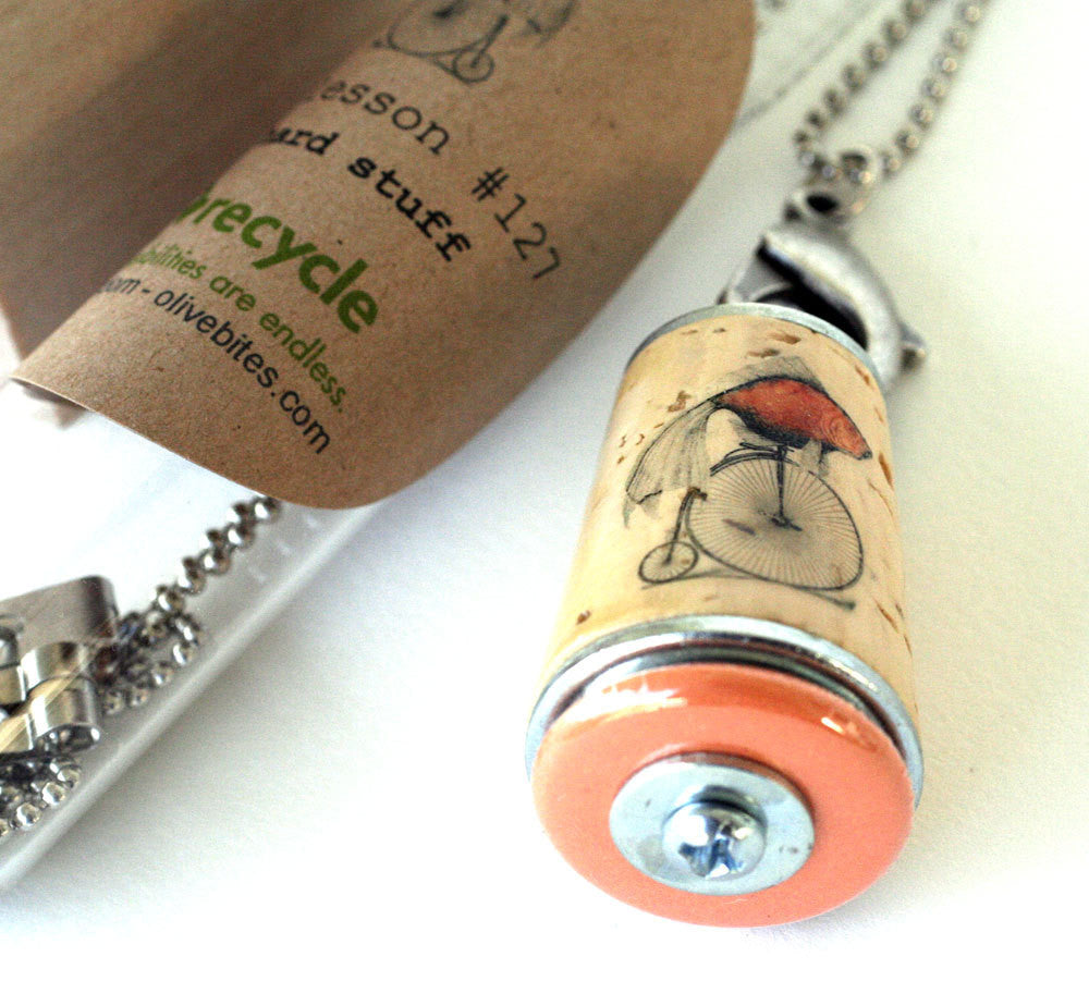 Fish on Bicycle Inspiration Necklace | Cork in Test Tube and Wood Cube