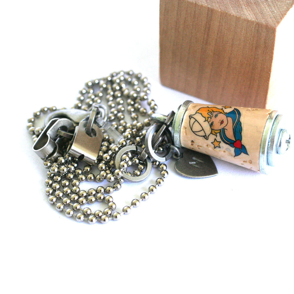 Sailor Girl TATTOO Art Necklace | Cork in Test Tube and Wood Cube