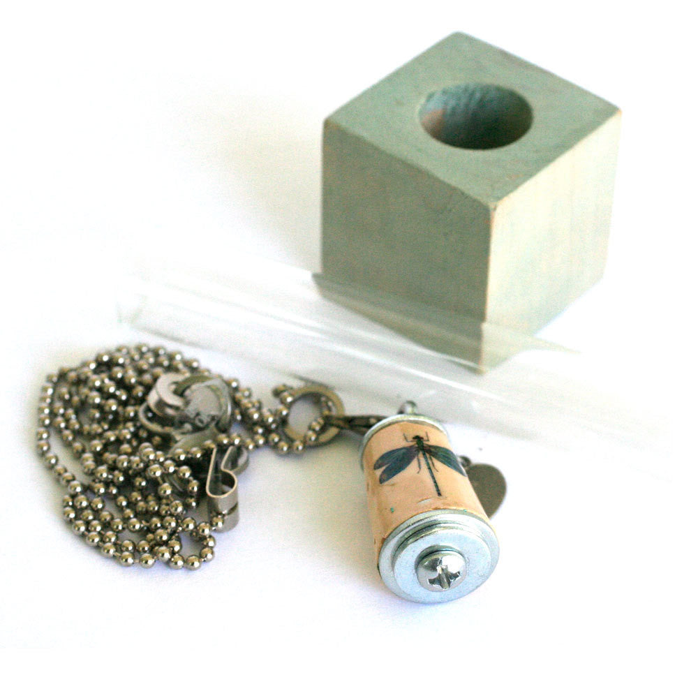 Dragonfly Cork Necklace | Recycled Cork in Test Tube and Wood Cube
