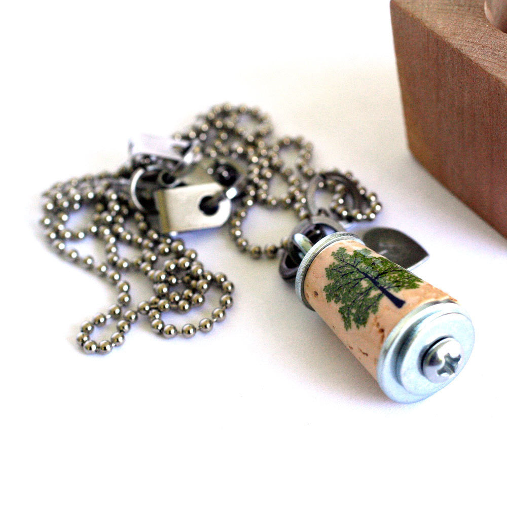 Mini TREE Hugger Necklace | Cork in Test Tube and Wood Cube