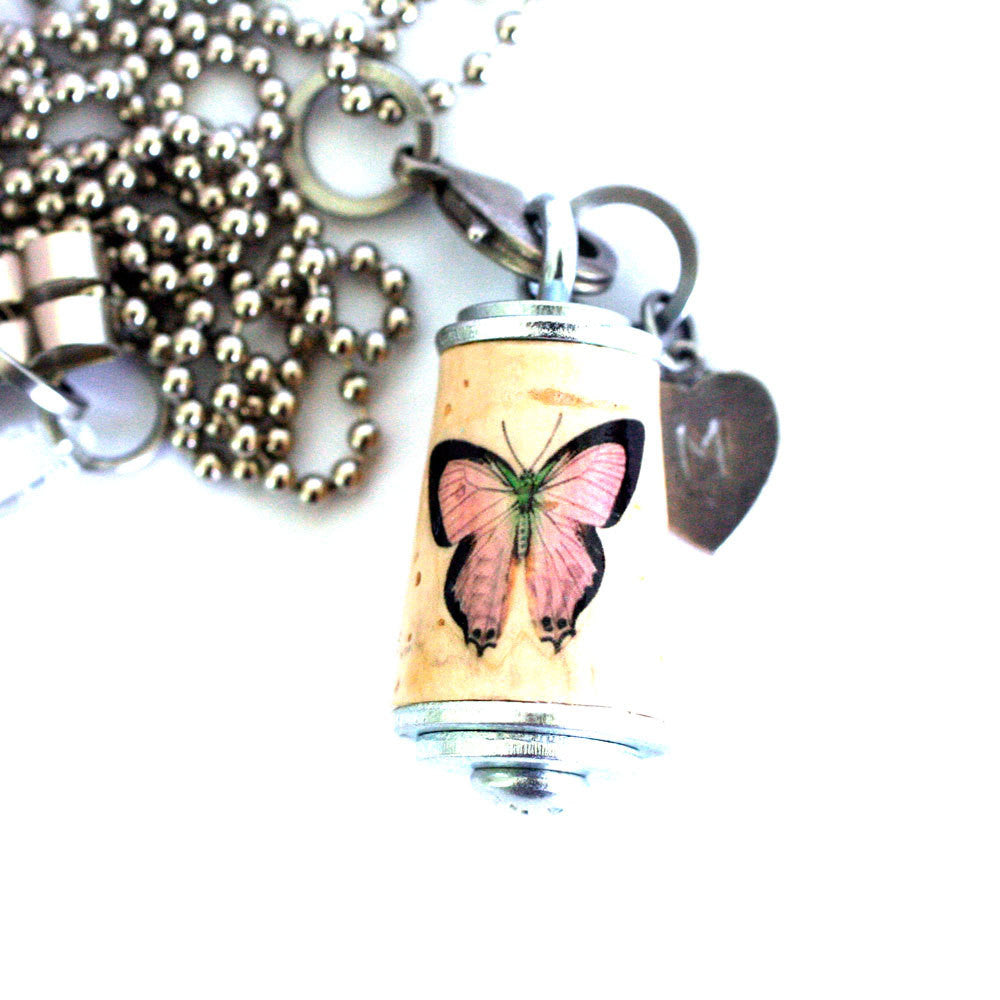 Pink Butterfly Necklace | Cork in Test Tube and Wood Cube