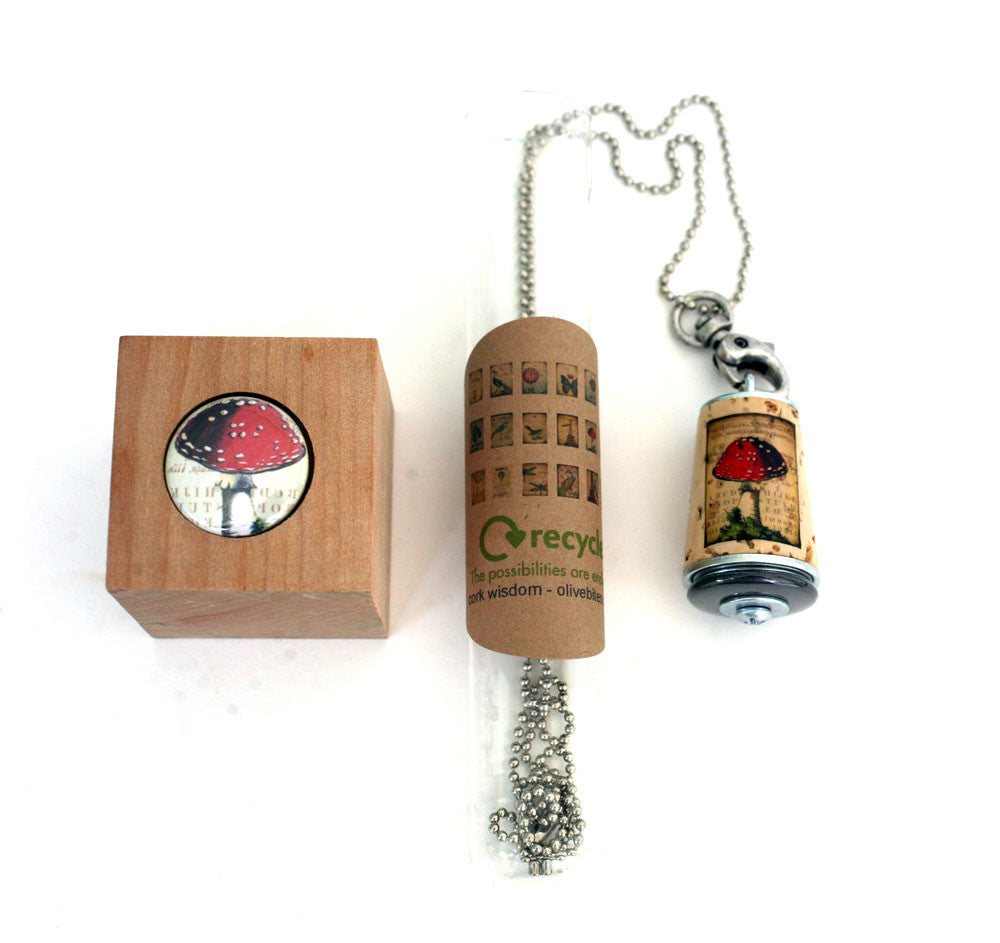 Mushroom Necklace | Cork in Test Tube and Wood Cube