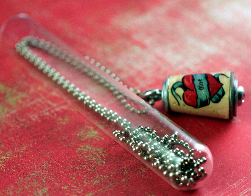 CUSTOM Tattoo Heart Necklace | Recycled Cork in Test Tube and Wood Cube