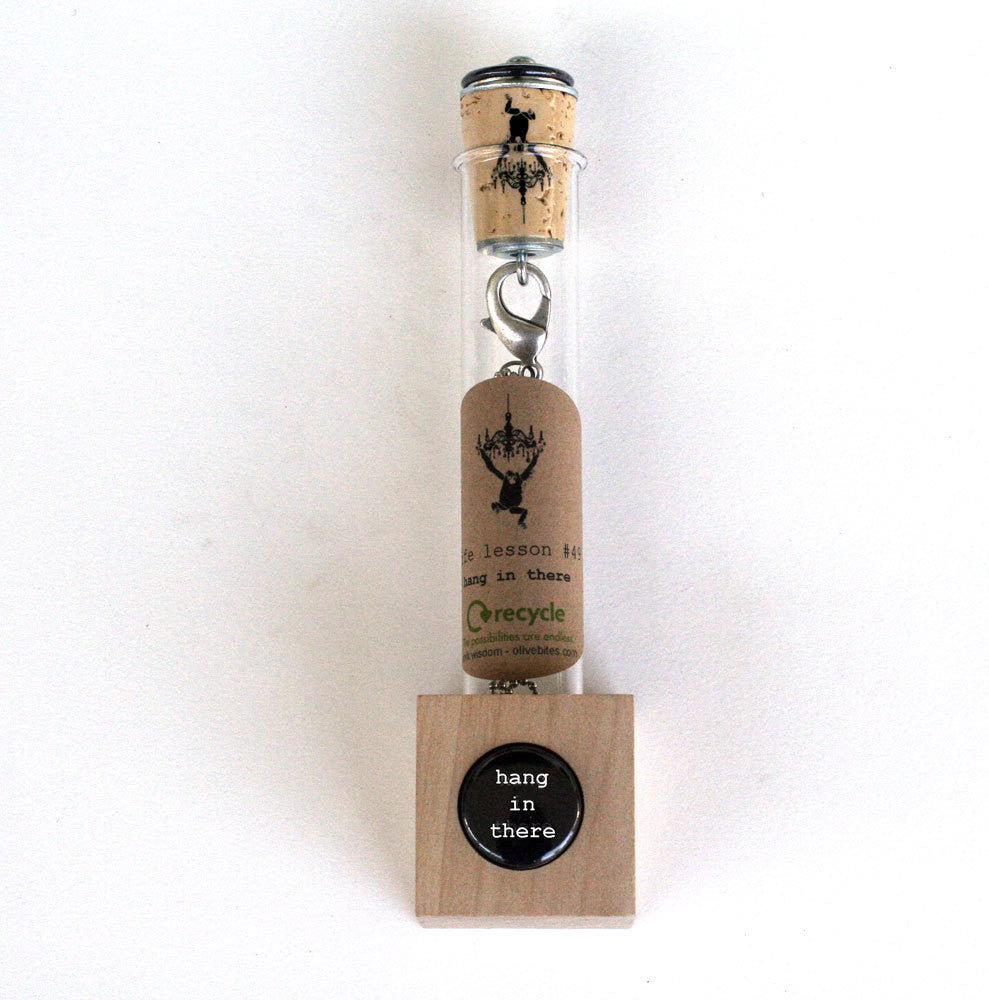 Hang in There Monkey Necklace | Cork in Test Tube and Wood Cube