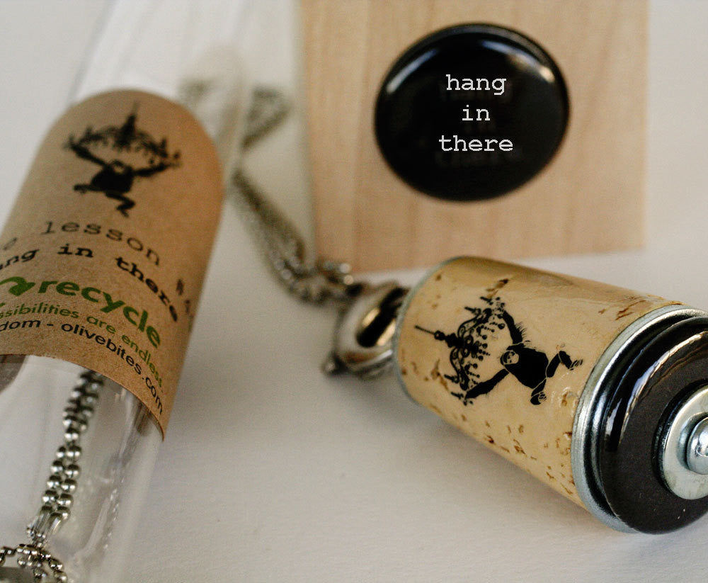 Hang in There Monkey Necklace | Cork in Test Tube and Wood Cube
