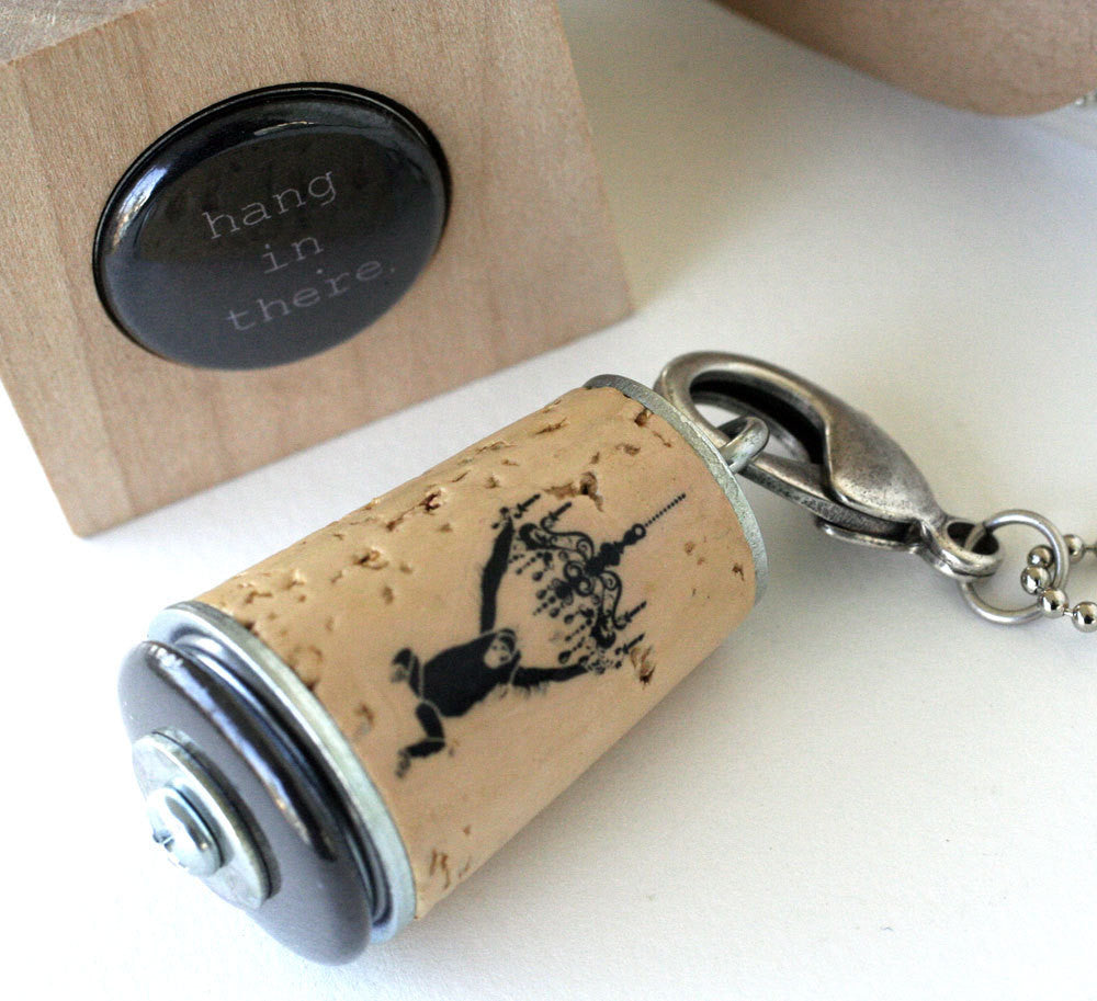 Hang in There Monkey Necklace | Cork in Test Tube and Wood Cube