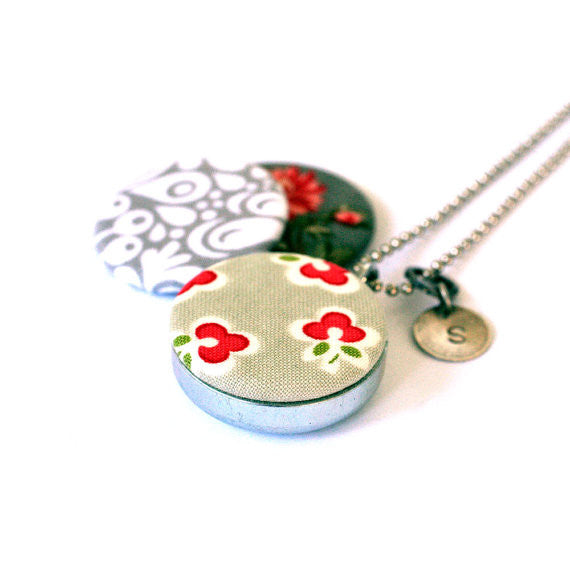Fabric Magnetic Locket Necklace - Grey and Cream