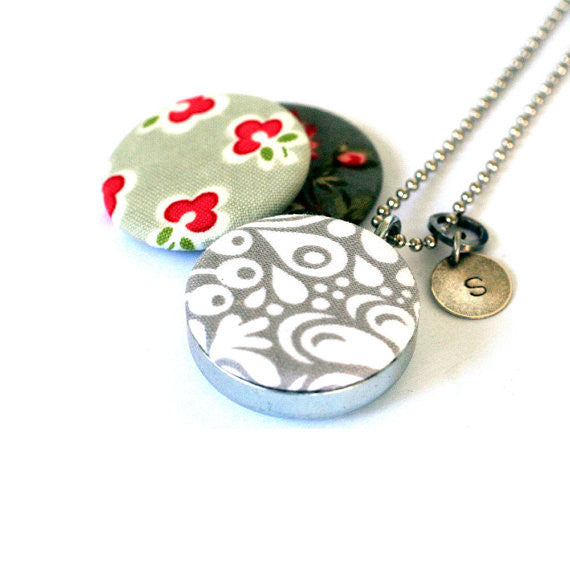 Fabric Magnetic Locket Necklace - Grey and Cream