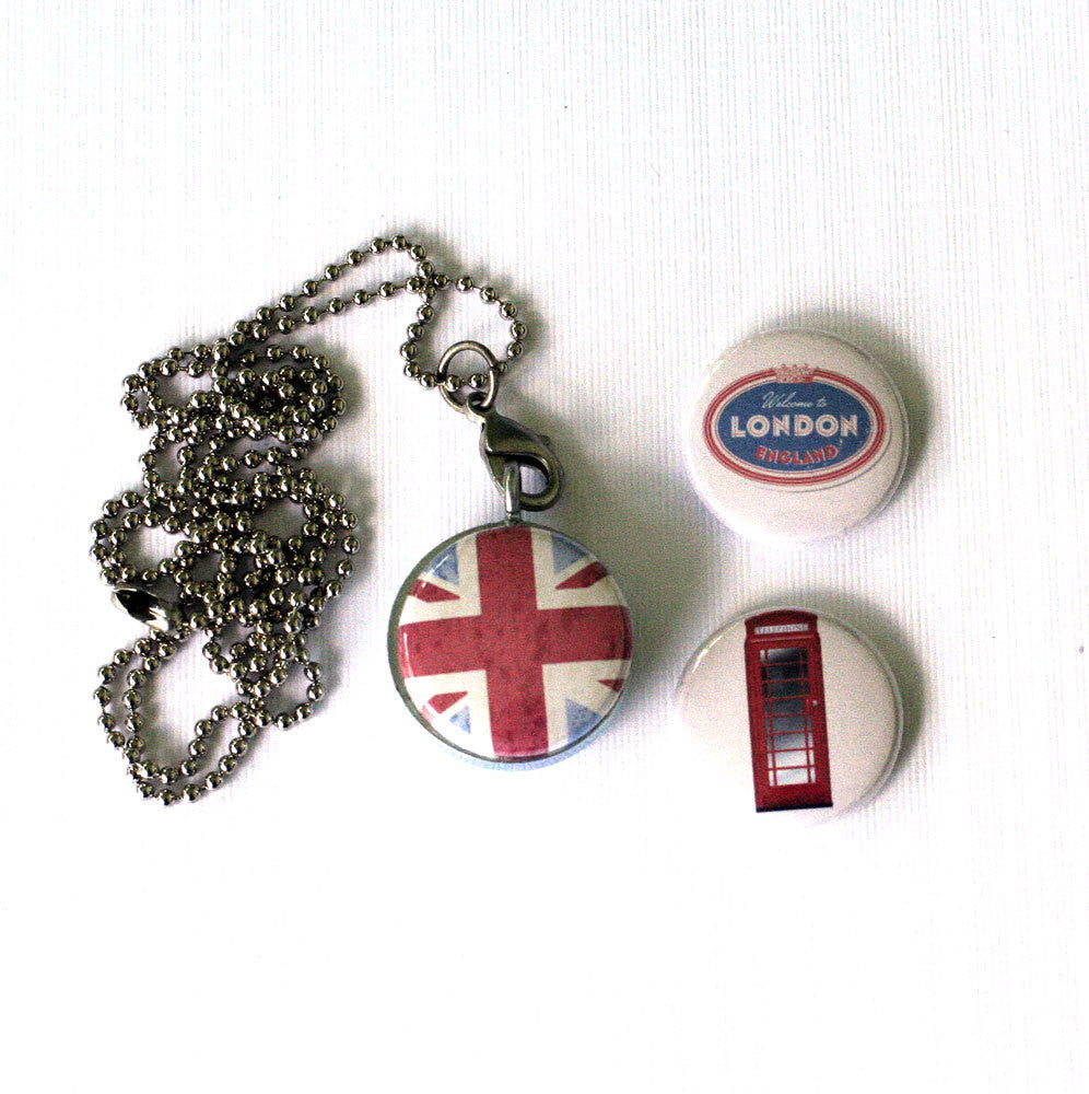 UK London Locket Necklace -  Flag, Phonebooth - Magnetic Necklace - Recycled by Polarity