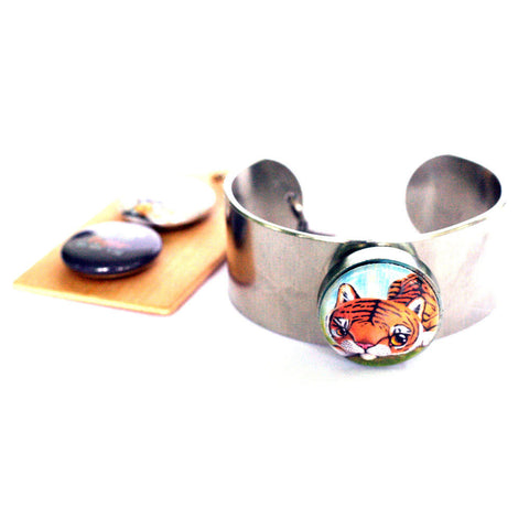 Tiger Cat Cuff Bracelet - Magnetic Bracelet, Stamped Custom Initial, Courage - Cuddly Rigor Mortis Collection by Polarity