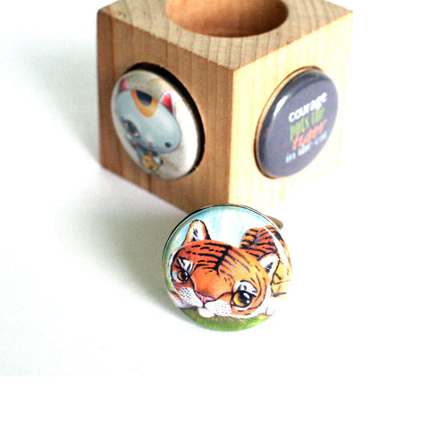 TIGER and Cat Courage Adjustable Ring - Silver Hammered - Magnetic 3 in 1 Ring - Upcycled by Polarity - Cuddly Rigor Mortis Collection