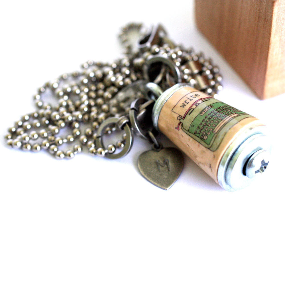 Typewriter Necklace - Cork Jewelry in Test Tube and Wood Block - WRITE SOMETHING by Uncorked