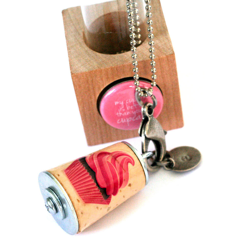 Cupcake Necklace | Cork in Test Tube and Wood Cube