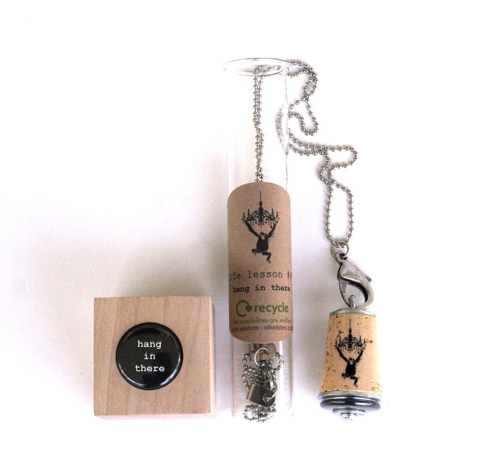 Hang in There Monkey Necklace | Cork in Test Tube and Wood Cube