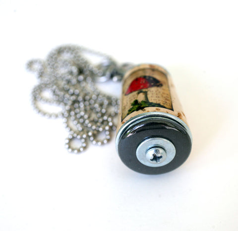 Mushroom Necklace | Cork in Test Tube and Wood Cube