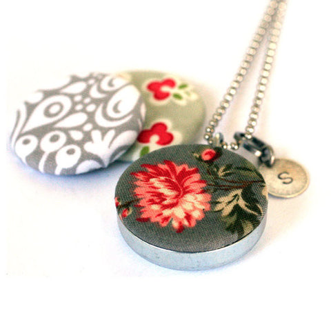 Fabric Magnetic Locket Necklace - Grey and Cream