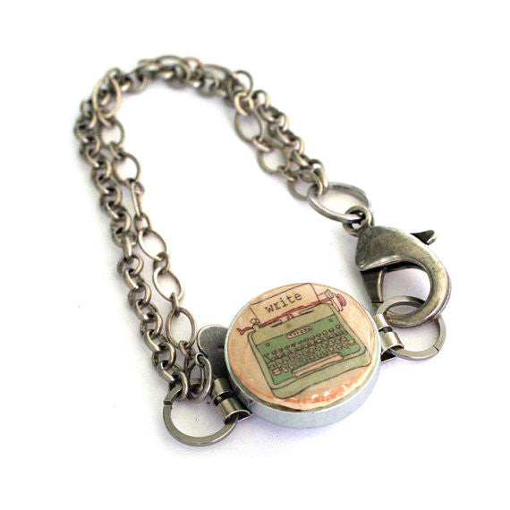 Typewriter Bracelet - Silver Chain, Recycled Wine Cork